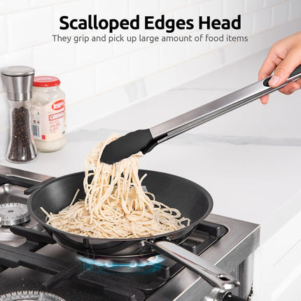 600ºF Heat Resistant 16in Silicone Cooking Tongs with Non Stick Rubber Tips (Black) and 12" Kitchen Tweezer Set: 18/8 Stainless Steel Food-Grade Metal Food Tong (Round & Pointed Tip).