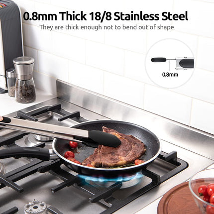 600ºF Heat Resistant 16in Silicone Cooking Tongs with Non Stick Rubber Tips (Black) and 12" Kitchen Tweezer Set: 18/8 Stainless Steel Food-Grade Metal Food Tong (Round & Pointed Tip).