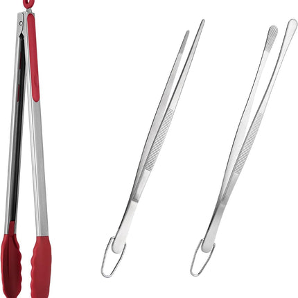 600ºF Heat Resistant 16in Silicone Cooking Tongs with Non Stick Rubber Tips (Red) and 12" Kitchen Tweezer Set: 18/8 Stainless Steel Food-Grade Metal Food Tong (Round & Pointed Tip).