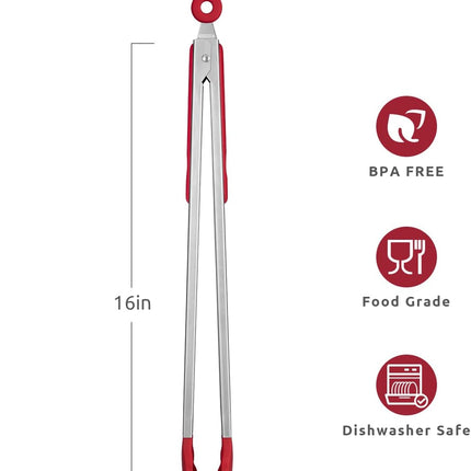 600ºF Heat Resistant 16in Silicone Cooking Tongs with Non Stick Rubber Tips (Red) and 12" Kitchen Tweezer Set: 18/8 Stainless Steel Food-Grade Metal Food Tong (Round & Pointed Tip).