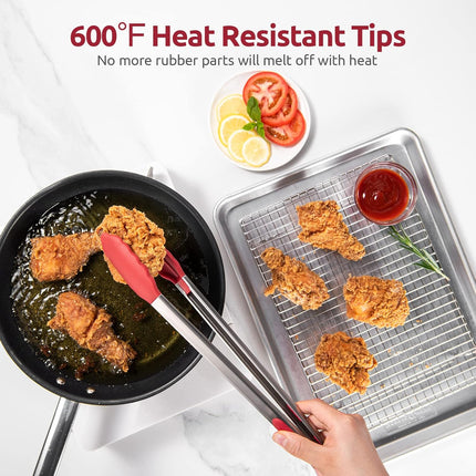 600ºF Heat Resistant 16in Silicone Cooking Tongs with Non Stick Rubber Tips (Red) and 12" Kitchen Tweezer Set: 18/8 Stainless Steel Food-Grade Metal Food Tong (Round & Pointed Tip).