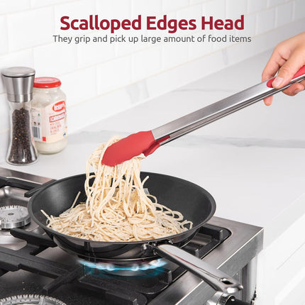 600ºF Heat Resistant 16in Silicone Cooking Tongs with Non Stick Rubber Tips (Red) and 12" Kitchen Tweezer Set: 18/8 Stainless Steel Food-Grade Metal Food Tong (Round & Pointed Tip).