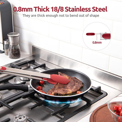 600ºF Heat Resistant 16in Silicone Cooking Tongs with Non Stick Rubber Tips (Red) and 12" Kitchen Tweezer Set: 18/8 Stainless Steel Food-Grade Metal Food Tong (Round & Pointed Tip).