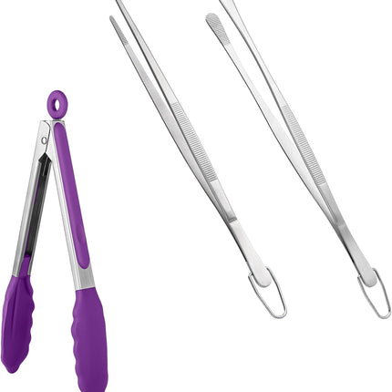 600ºF Heat Resistant 9in Silicone Cooking Tongs with Non Stick Rubber Tips (Purple) and 10" Kitchen Cooking Tweezer Set: 18/8 Stainless Steel Food-Grade Metal Food Tong (Round & Pointed Tip).