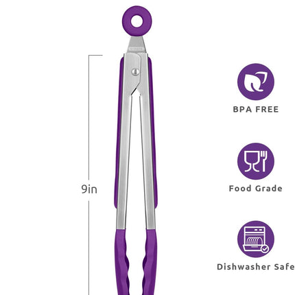 600ºF Heat Resistant 9in Silicone Cooking Tongs with Non Stick Rubber Tips (Purple) and 10" Kitchen Cooking Tweezer Set: 18/8 Stainless Steel Food-Grade Metal Food Tong (Round & Pointed Tip).