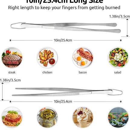 600ºF Heat Resistant 9in Silicone Cooking Tongs with Non Stick Rubber Tips (Purple) and 10" Kitchen Cooking Tweezer Set: 18/8 Stainless Steel Food-Grade Metal Food Tong (Round & Pointed Tip).