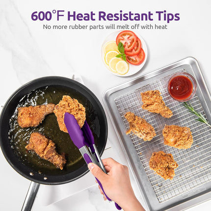 600ºF Heat Resistant 9in Silicone Cooking Tongs with Non Stick Rubber Tips (Purple) and 10" Kitchen Cooking Tweezer Set: 18/8 Stainless Steel Food-Grade Metal Food Tong (Round & Pointed Tip).