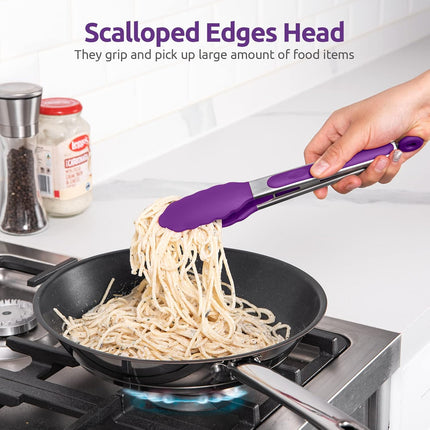 600ºF Heat Resistant 9in Silicone Cooking Tongs with Non Stick Rubber Tips (Purple) and 10" Kitchen Cooking Tweezer Set: 18/8 Stainless Steel Food-Grade Metal Food Tong (Round & Pointed Tip).