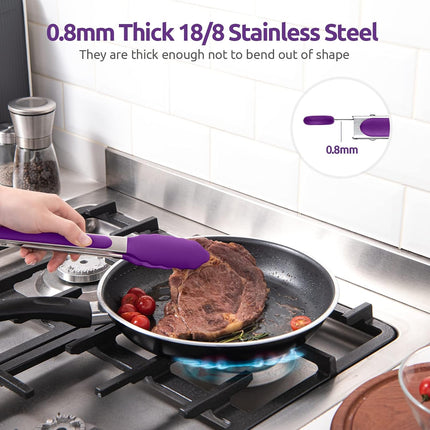 600ºF Heat Resistant 9in Silicone Cooking Tongs with Non Stick Rubber Tips (Purple) and 10" Kitchen Cooking Tweezer Set: 18/8 Stainless Steel Food-Grade Metal Food Tong (Round & Pointed Tip).