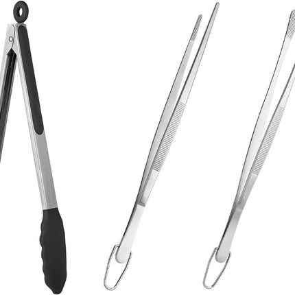 600ºF Heat Resistant 12in Silicone Cooking Tongs with Non Stick Rubber Tips (Black) and 12" Kitchen Tweezer Set: 18/8 Stainless Steel Food-Grade Metal Food Tong (Round & Pointed Tip).