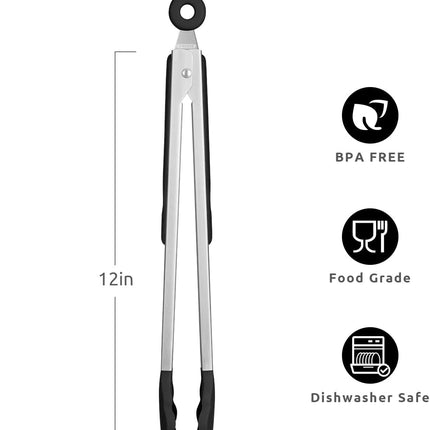 600ºF Heat Resistant 12in Silicone Cooking Tongs with Non Stick Rubber Tips (Black) and 12" Kitchen Tweezer Set: 18/8 Stainless Steel Food-Grade Metal Food Tong (Round & Pointed Tip).