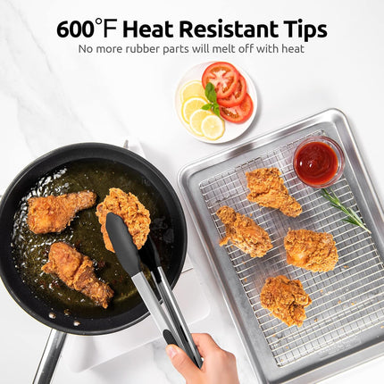 600ºF Heat Resistant 12in Silicone Cooking Tongs with Non Stick Rubber Tips (Black) and 12" Kitchen Tweezer Set: 18/8 Stainless Steel Food-Grade Metal Food Tong (Round & Pointed Tip).