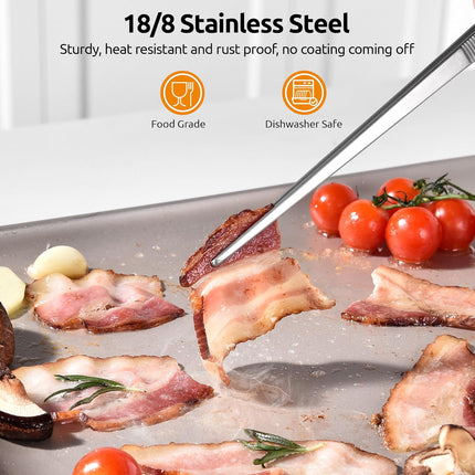 600ºF Heat Resistant 12in Silicone Cooking Tongs with Non Stick Rubber Tips (Black) and 12" Kitchen Tweezer Set: 18/8 Stainless Steel Food-Grade Metal Food Tong (Round & Pointed Tip).