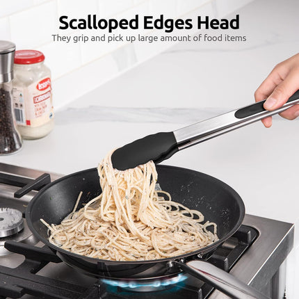 600ºF Heat Resistant 12in Silicone Cooking Tongs with Non Stick Rubber Tips (Black) and 12" Kitchen Tweezer Set: 18/8 Stainless Steel Food-Grade Metal Food Tong (Round & Pointed Tip).