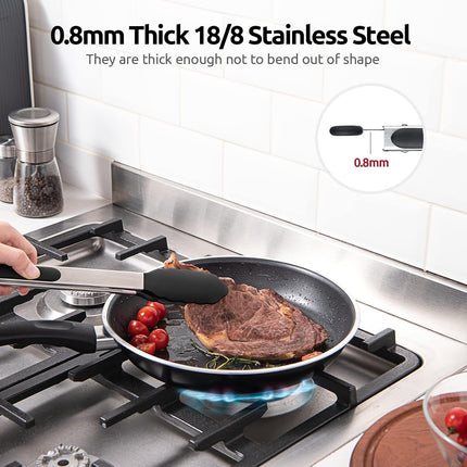 600ºF Heat Resistant 12in Silicone Cooking Tongs with Non Stick Rubber Tips (Black) and 12" Kitchen Tweezer Set: 18/8 Stainless Steel Food-Grade Metal Food Tong (Round & Pointed Tip).