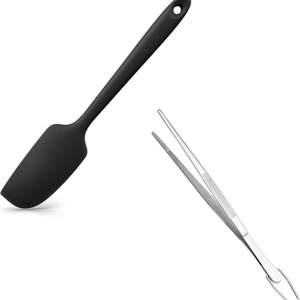 Small Mini Silicone Spatula: 9×2inch 600ºF Heat-Resistant Food-Grade Jar Scraper (Black) and 8in Kitchen Plating Tweezer: 18/8 Stainless Steel Food-Grade Metal Food Tong (Pointed Tip).