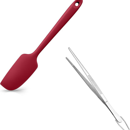 Small Mini Silicone Spatula: 9×2inch 600ºF Heat-Resistant Food-Grade Jar Scraper (Red) and 8in Kitchen Plating Tweezer: 18/8 Stainless Steel Food-Grade Metal Food Tong (Pointed Tip).