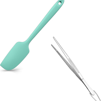 Small Mini Silicone Spatula: 9×2inch 600ºF Heat-Resistant Food-Grade Jar Scraper (Aqua Sky) and 8in Kitchen Plating Tweezer: 18/8 Stainless Steel Food-Grade Metal Food Tong (Pointed Tip).