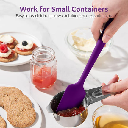 Small Mini Silicone Spatula: 9×2inch 600ºF Heat-Resistant Food-Grade Jar Scraper (Purple) and 8in Kitchen Plating Tweezer: 18/8 Stainless Steel Food-Grade Metal Food Tong (Pointed Tip).