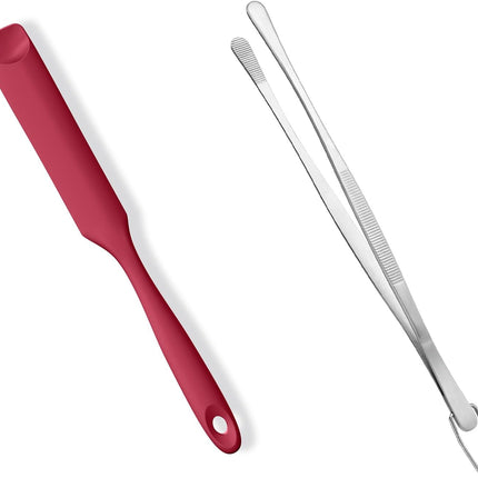 600ºF Heat-Resistant Food-Grade 10in Skinny Silicone Jar Spatula with Spoon Tip (Red) and 10in Kitchen Cooking Tweezer: 18/8 Stainless Steel Food-Grade Metal Food Tong (Round Tip).