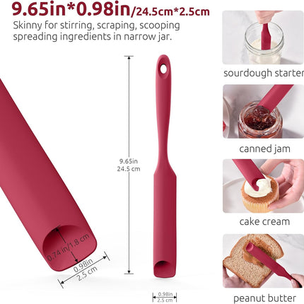 600ºF Heat-Resistant Food-Grade 10in Skinny Silicone Jar Spatula with Spoon Tip (Red) and 10in Kitchen Cooking Tweezer: 18/8 Stainless Steel Food-Grade Metal Food Tong (Round Tip).