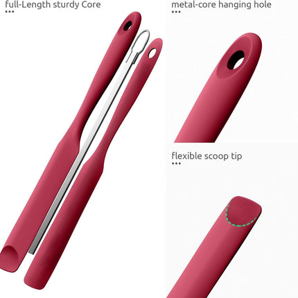 600ºF Heat-Resistant Food-Grade 10in Skinny Silicone Jar Spatula with Spoon Tip (Red) and 10in Kitchen Cooking Tweezer: 18/8 Stainless Steel Food-Grade Metal Food Tong (Round Tip).