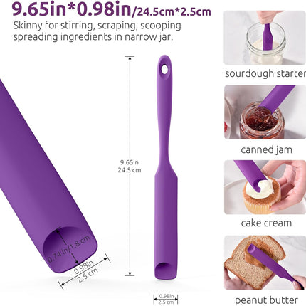 600ºF Heat-Resistant Food-Grade 10in Skinny Silicone Jar Spatula with Spoon Tip (Purple) and 10in Kitchen Cooking Tweezer: 18/8 Stainless Steel Food-Grade Metal Food Tong (Round Tip).