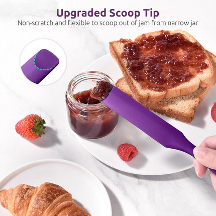 600ºF Heat-Resistant Food-Grade 10in Skinny Silicone Jar Spatula with Spoon Tip (Purple) and 10in Kitchen Cooking Tweezer: 18/8 Stainless Steel Food-Grade Metal Food Tong (Round Tip).