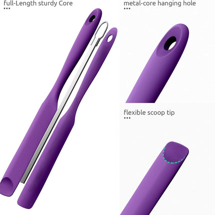 600ºF Heat-Resistant Food-Grade 10in Skinny Silicone Jar Spatula with Spoon Tip (Purple) and 10in Kitchen Cooking Tweezer: 18/8 Stainless Steel Food-Grade Metal Food Tong (Round Tip).
