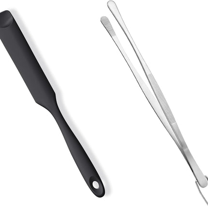 600ºF Heat-Resistant Food-Grade 10in Skinny Silicone Jar Spatula with Spoon Tip (Black) and 10in Kitchen Cooking Tweezer: 18/8 Stainless Steel Food-Grade Metal Food Tong (Round Tip).