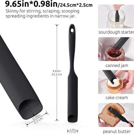 600ºF Heat-Resistant Food-Grade 10in Skinny Silicone Jar Spatula with Spoon Tip (Black) and 10in Kitchen Cooking Tweezer: 18/8 Stainless Steel Food-Grade Metal Food Tong (Round Tip).