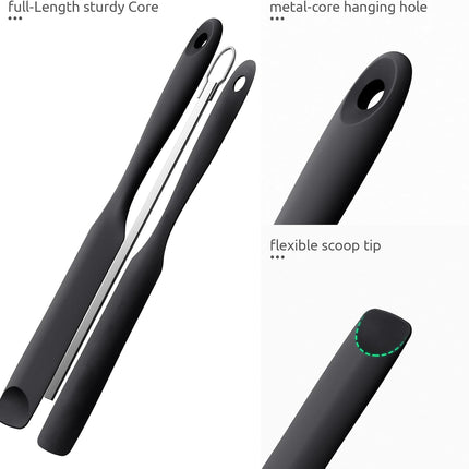 600ºF Heat-Resistant Food-Grade 10in Skinny Silicone Jar Spatula with Spoon Tip (Black) and 10in Kitchen Cooking Tweezer: 18/8 Stainless Steel Food-Grade Metal Food Tong (Round Tip).