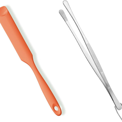 600ºF Heat-Resistant Food-Grade 10in Skinny Silicone Jar Spatula with Spoon Tip (Orange) and 10in Kitchen Cooking Tweezer: 18/8 Stainless Steel Food-Grade Metal Food Tong (Round Tip).