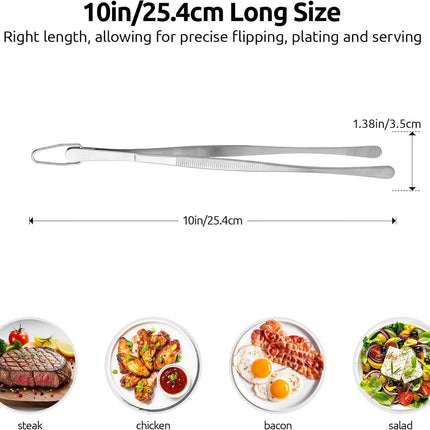 600ºF Heat-Resistant Food-Grade 10in Skinny Silicone Jar Spatula with Spoon Tip (Orange) and 10in Kitchen Cooking Tweezer: 18/8 Stainless Steel Food-Grade Metal Food Tong (Round Tip).