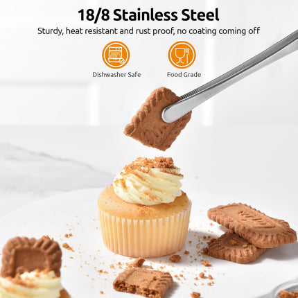 600ºF Heat-Resistant Food-Grade 10in Skinny Silicone Jar Spatula with Spoon Tip (Orange) and 10in Kitchen Cooking Tweezer: 18/8 Stainless Steel Food-Grade Metal Food Tong (Round Tip).