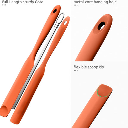 600ºF Heat-Resistant Food-Grade 10in Skinny Silicone Jar Spatula with Spoon Tip (Orange) and 10in Kitchen Cooking Tweezer: 18/8 Stainless Steel Food-Grade Metal Food Tong (Round Tip).