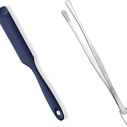 600ºF Heat-Resistant Food-Grade 10in Skinny Silicone Jar Spatula with Spoon Tip (Midnight Blue) and 10in Kitchen Cooking Tweezer: 18/8 Stainless Steel Food-Grade Metal Food Tong (Round Tip).