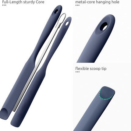600ºF Heat-Resistant Food-Grade 10in Skinny Silicone Jar Spatula with Spoon Tip (Midnight Blue) and 10in Kitchen Cooking Tweezer: 18/8 Stainless Steel Food-Grade Metal Food Tong (Round Tip).
