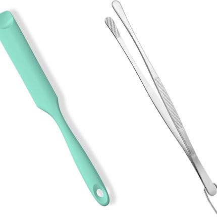 600ºF Heat-Resistant Food-Grade 10in Skinny Silicone Jar Spatula with Spoon Tip (Aqua Sky) and 10in Kitchen Cooking Tweezer: 18/8 Stainless Steel Food-Grade Metal Food Tong (Round Tip).