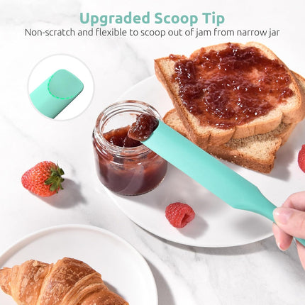 600ºF Heat-Resistant Food-Grade 10in Skinny Silicone Jar Spatula with Spoon Tip (Aqua Sky) and 10in Kitchen Cooking Tweezer: 18/8 Stainless Steel Food-Grade Metal Food Tong (Round Tip).