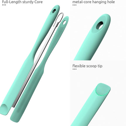 600ºF Heat-Resistant Food-Grade 10in Skinny Silicone Jar Spatula with Spoon Tip (Aqua Sky) and 10in Kitchen Cooking Tweezer: 18/8 Stainless Steel Food-Grade Metal Food Tong (Round Tip).