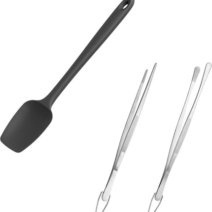 600ºF High Heat Flexible 14in Extra Large Silicone Spoon Spatula (Black) and 12" Kitchen Cooking Tweezer Set: 18/8 Stainless Steel Food-Grade Metal Food Tong (Round & Pointed Tip).