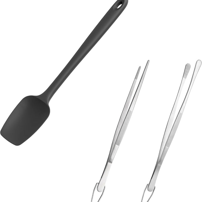 600ºF High Heat Flexible 14in Extra Large Silicone Spoon Spatula (Black) and 12" Kitchen Cooking Tweezer Set: 18/8 Stainless Steel Food-Grade Metal Food Tong (Round & Pointed Tip).