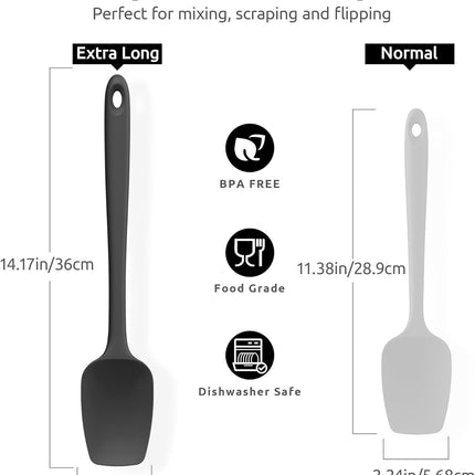 600ºF High Heat Flexible 14in Extra Large Silicone Spoon Spatula (Black) and 12" Kitchen Cooking Tweezer Set: 18/8 Stainless Steel Food-Grade Metal Food Tong (Round & Pointed Tip).