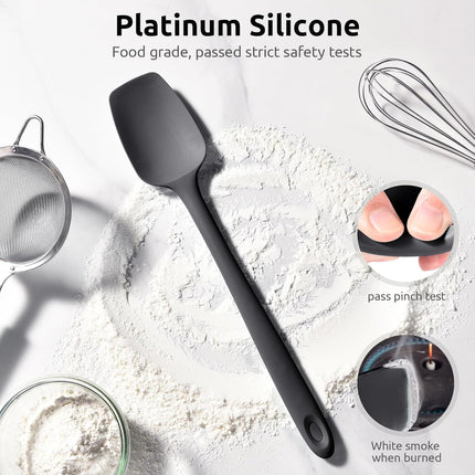 600ºF High Heat Flexible 14in Extra Large Silicone Spoon Spatula (Black) and 12" Kitchen Cooking Tweezer Set: 18/8 Stainless Steel Food-Grade Metal Food Tong (Round & Pointed Tip).