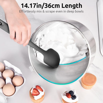 600ºF High Heat Flexible 14in Extra Large Silicone Spoon Spatula (Black) and 12" Kitchen Cooking Tweezer Set: 18/8 Stainless Steel Food-Grade Metal Food Tong (Round & Pointed Tip).