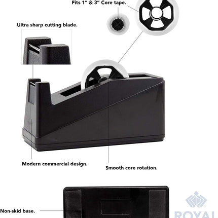 Desktop Tape Dispenser Adhesive Roll Holder (Fits 1" & 3" Core) Heavy Duty Premium for Office, Home, School, Library, Crafts, Moving, Giftwrapping with Weighted Nonskid Base, Black.