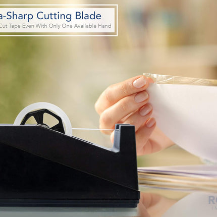 Desktop Tape Dispenser Adhesive Roll Holder (Fits 1" & 3" Core) Heavy Duty Premium for Office, Home, School, Library, Crafts, Moving, Giftwrapping with Weighted Nonskid Base, Black.