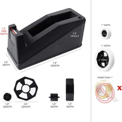 Desktop Tape Dispenser Adhesive Roll Holder (Fits 1" & 3" Core) Heavy Duty Premium for Office, Home, School, Library, Crafts, Moving, Giftwrapping with Weighted Nonskid Base, Black.