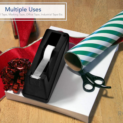 Desktop Tape Dispenser Adhesive Roll Holder (Fits 1" & 3" Core) Heavy Duty Premium for Office, Home, School, Library, Crafts, Moving, Giftwrapping with Weighted Nonskid Base, Black.